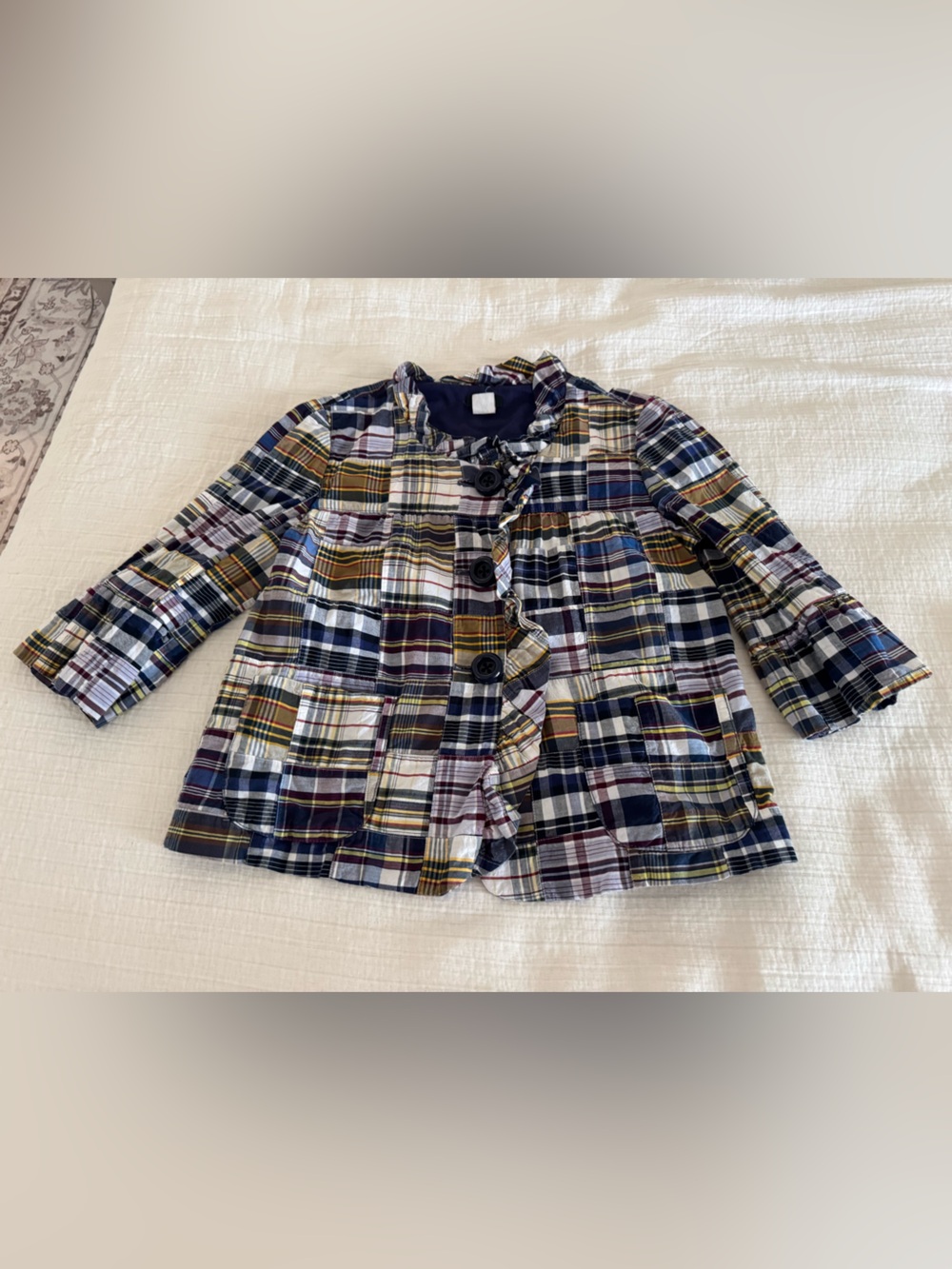 Vintage J.Crew Size 4 Patchwork Madras Plaid Ruffle Jacket Blazer